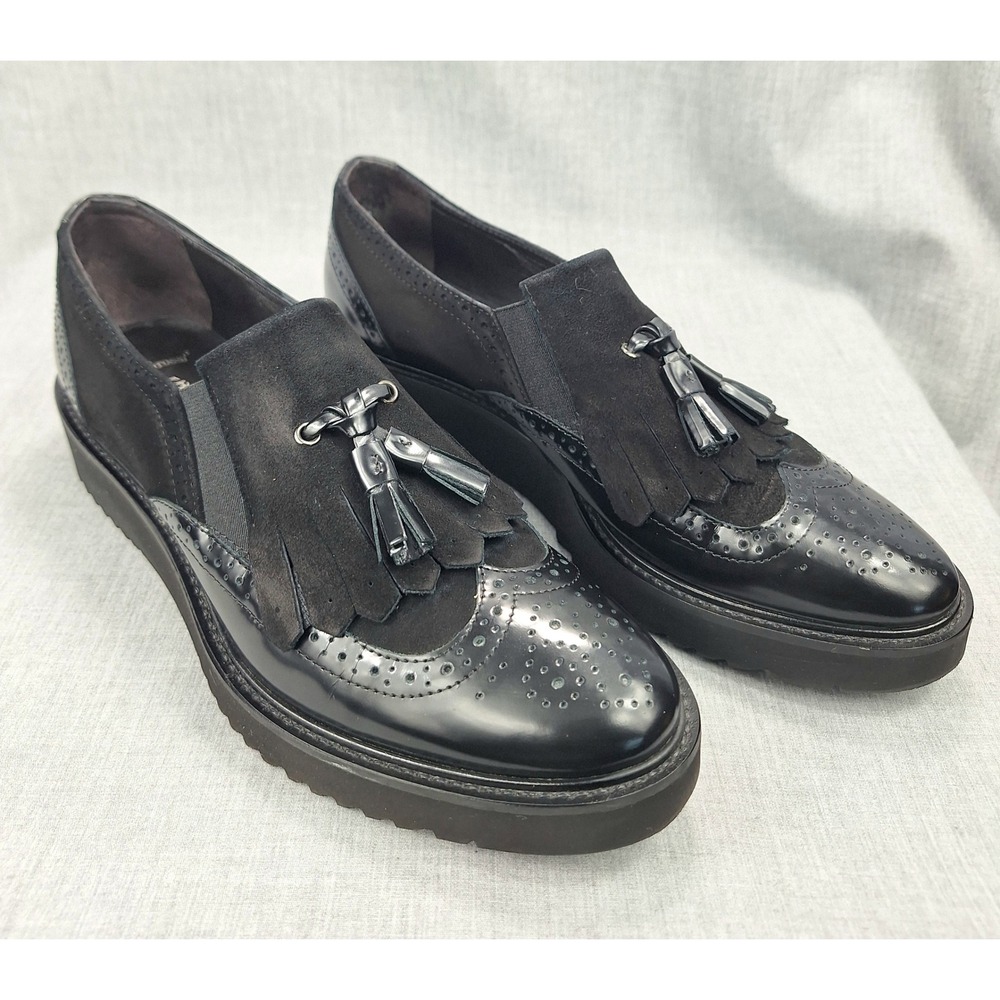 Luca Grossi i Gilardini Black Patent Suede Tassel Brogue Platform Loafers 37.5
